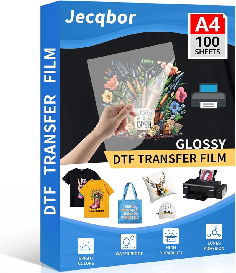 Jecqbor DTF Transfer Film Paper A4 100 Sheets, Glossy Double Sided Heat Transfer Paper, Thick Clear Pretreat PET Sheets for DTF Printer Direct Print On T-Shirts Textile (8.3" x 11.7") - Image 1